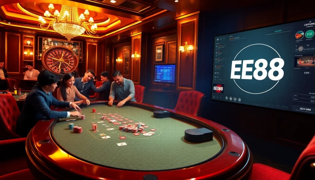 Experience the excitement of EE88 with vibrant casino games, poker chips, and a roulette wheel.