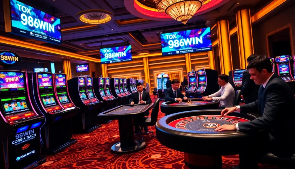 Excited players enjoying various games at the 98WIN casino with vibrant lights and betting chips.