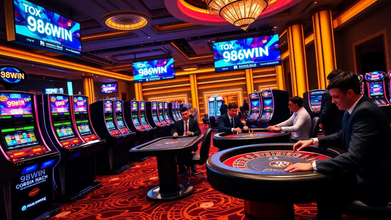 Excited players enjoying various games at the 98WIN casino with vibrant lights and betting chips.