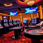Excited players enjoying various games at the 98WIN casino with vibrant lights and betting chips.