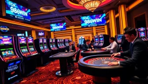 Excited players enjoying various games at the 98WIN casino with vibrant lights and betting chips.