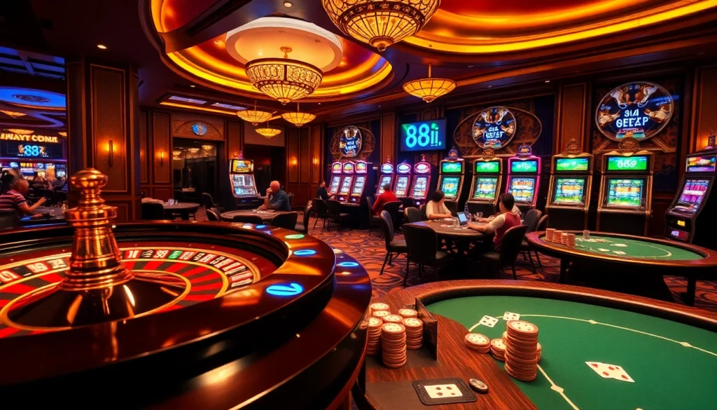 Exciting casino action featuring roulette and poker tables, highlighting 88i in a vibrant gambling setting.