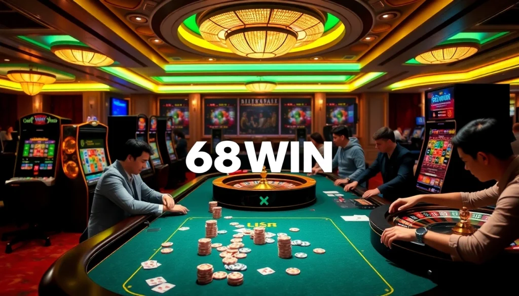 Experience thrilling gameplay at 68WIN with elegant casino tables and vibrant slot machines.