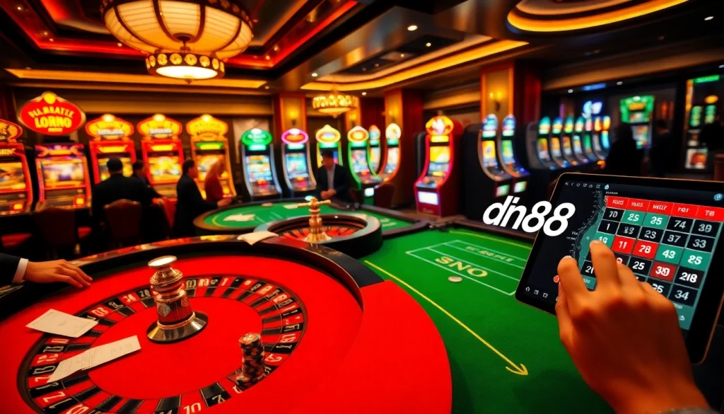Experience thrilling gameplay at dn88 in a luxurious casino atmosphere with poker chips and roulette table.