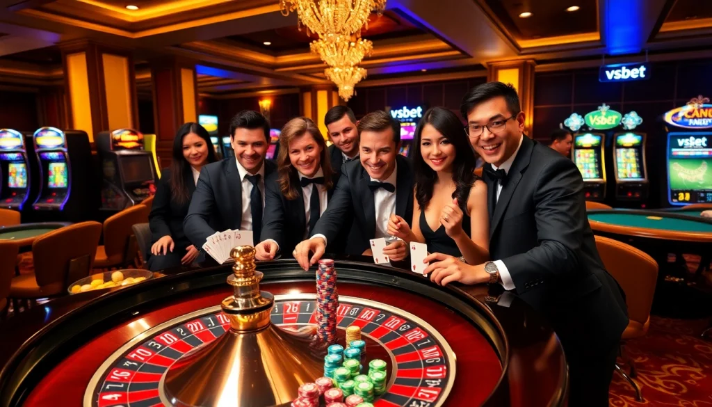 Experience excitement at a vsbet gaming table with vibrant roulette chips and engaged players.