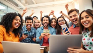 Excited participants enjoying online lottery games at https://92lotteryclub.com/, showcasing a vibrant community atmosphere.