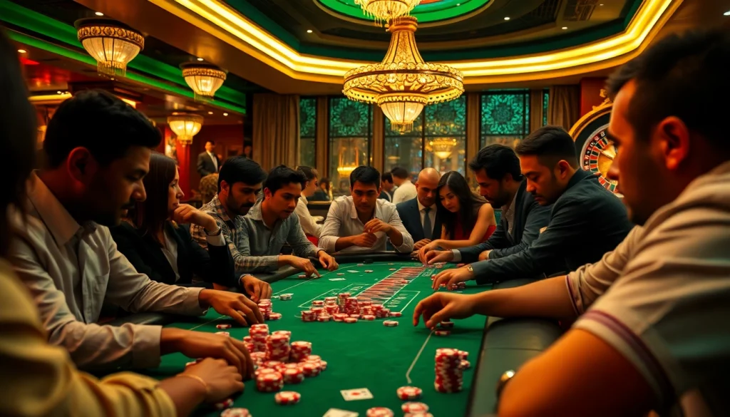 No hu players engage in an intense poker game with vibrant chips and cards, showcasing casino excitement.