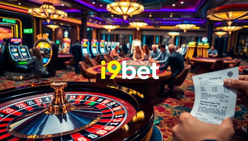 Players enjoying the excitement of i9bet at a vibrant casino table, featuring cards and chips.