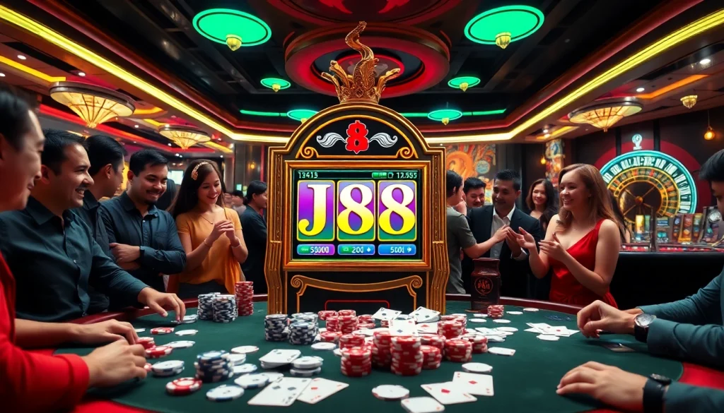 Gamblers engage with a j88-themed slot machine in an upscale casino setting filled with excitement.