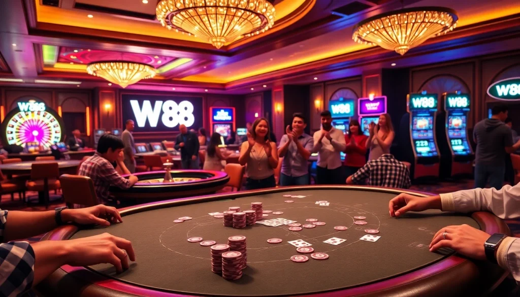 Excited players engaging in poker games at W88's upscale casino, showcasing vibrant poker chips and cards.