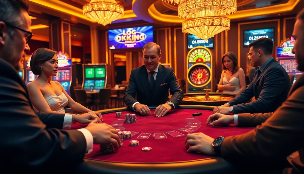 Exciting gambling scene at okking.group with poker players and roulette action.