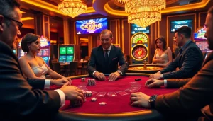 Exciting gambling scene at okking.group with poker players and roulette action.