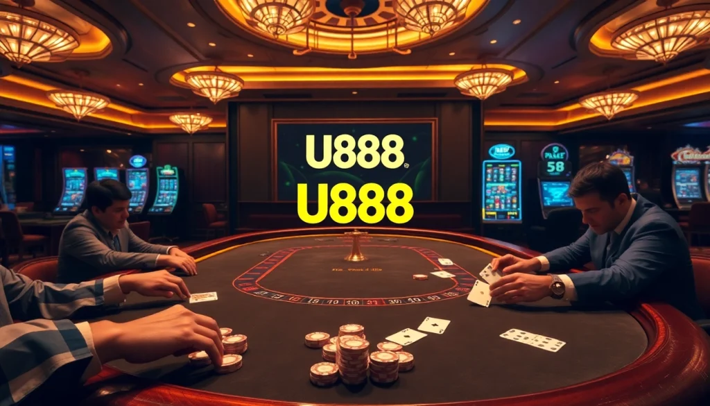 U888 players enjoying high-stakes blackjack in a luxurious casino environment.