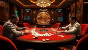 Engage in high-stakes poker at TPJ's luxurious casino, showcasing vibrant chips and playing cards.