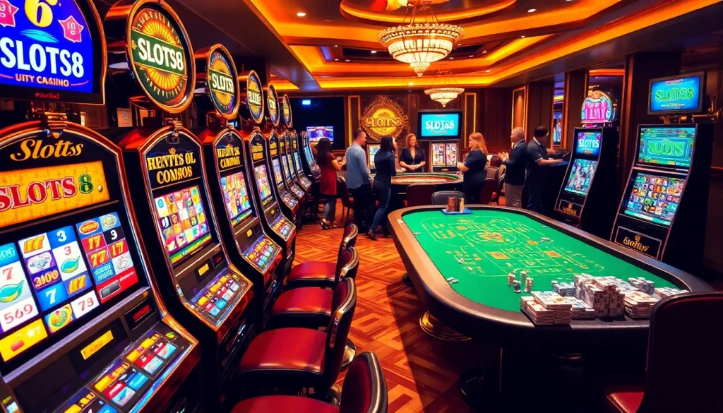 SLOTS8 slot machines attracting gamblers with colorful screens and big prize displays.