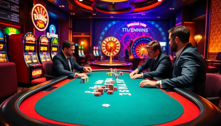 Experience the excitement of tải sunwin with a vibrant casino scene featuring poker players and slot machines.