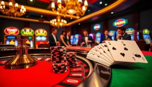 A thrilling scene at a roulette table showcasing high stakes excitement at https://mb66-th.com/ with polished poker chips and elegant players.