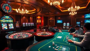 Engaging gamblers at the luxury casino featuring NK88 stakes and vibrant gaming elements.