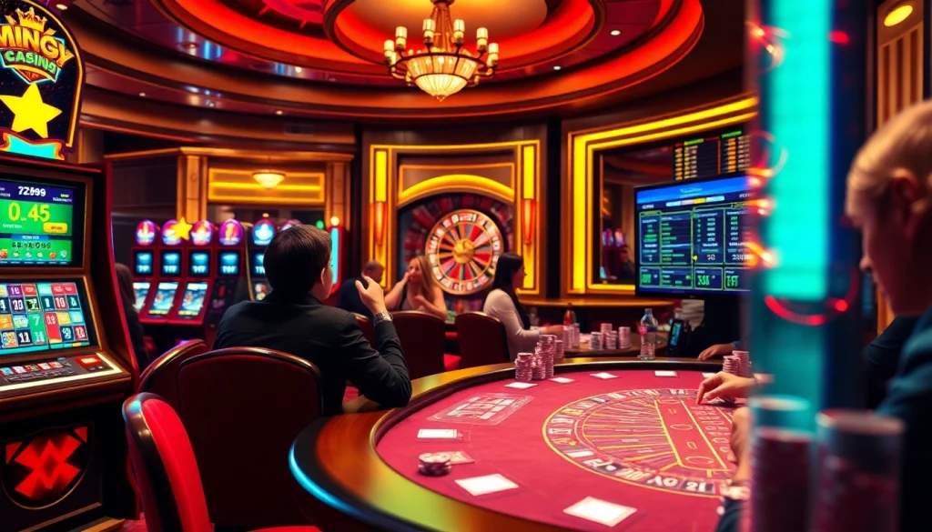 Experience the excitement of betting at vz99 with vibrant casino tables and players engaged in thrilling games.