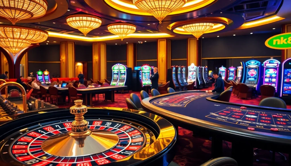 High-stakes players experiencing excitement at nk88's luxurious casino tables.