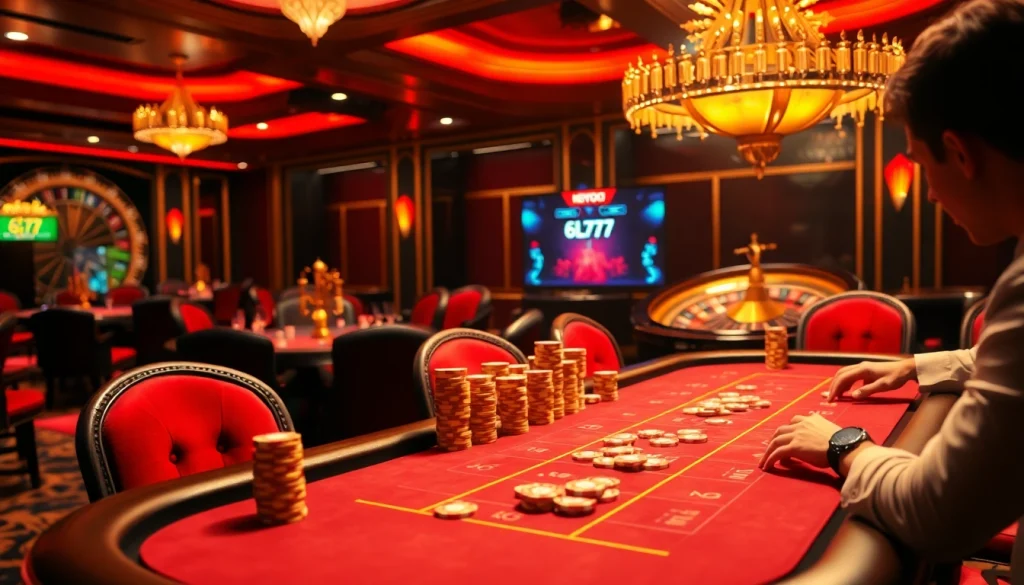 A high-stakes poker game with 6L777 branding, colorful chips, and a vibrant casino atmosphere.
