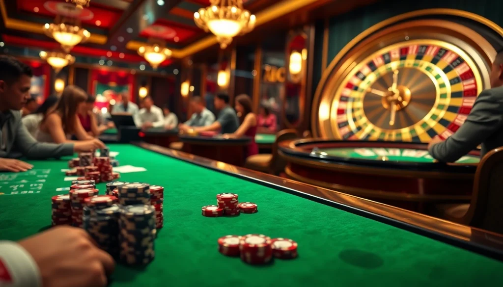 Players enjoying high-stakes games at a luxury casino featuring ABC8 elements, poker chips, and vibrant tables.