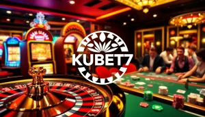 KUBET77 players celebrating a big win at a vibrant casino scene with roulette and slot machines.