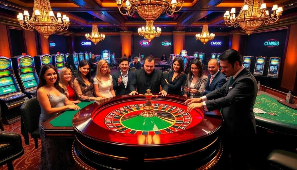 Gambling action at a luxurious casino featuring roulette, emphasizing CM88's winning strategies.