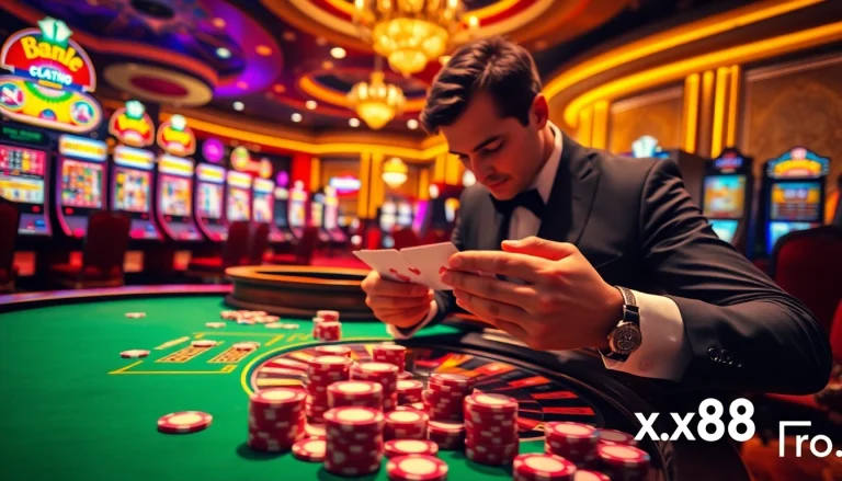 Gambler enjoying a game at xx88.pro casino with poker chips and a roulette table.