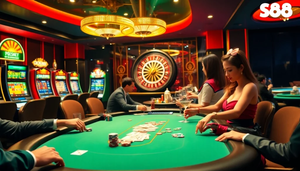 Intensely engaging poker players at SC88 casino, surrounded by vibrant slot machines and a roulette wheel.
