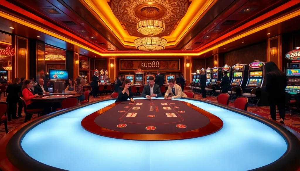 Engaged gamblers enjoying various games at ku88 casino, showcasing luxury and excitement.