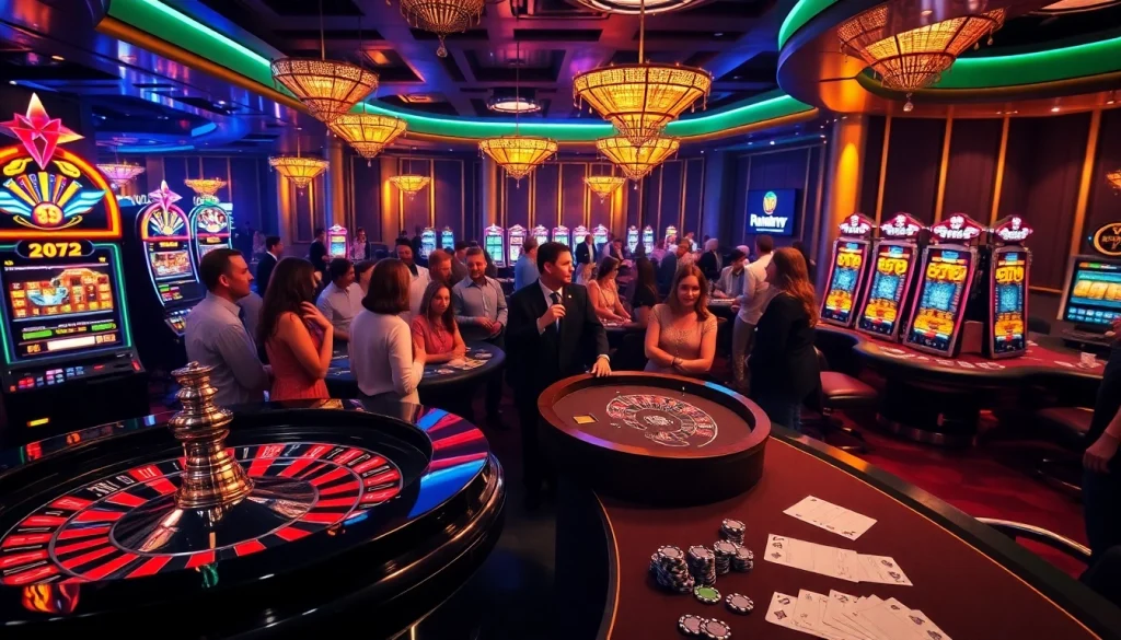 Experience the excitement of FUN79 with active casino tables and colorful slot machines.