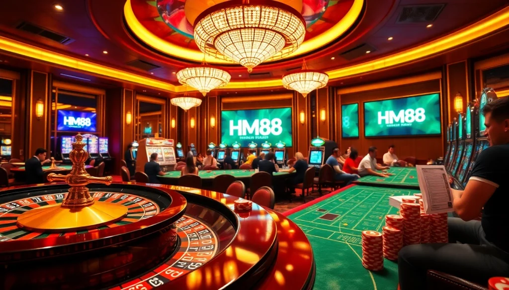 HM88 casino scene showcasing roulette and poker excitement in a luxurious setting.