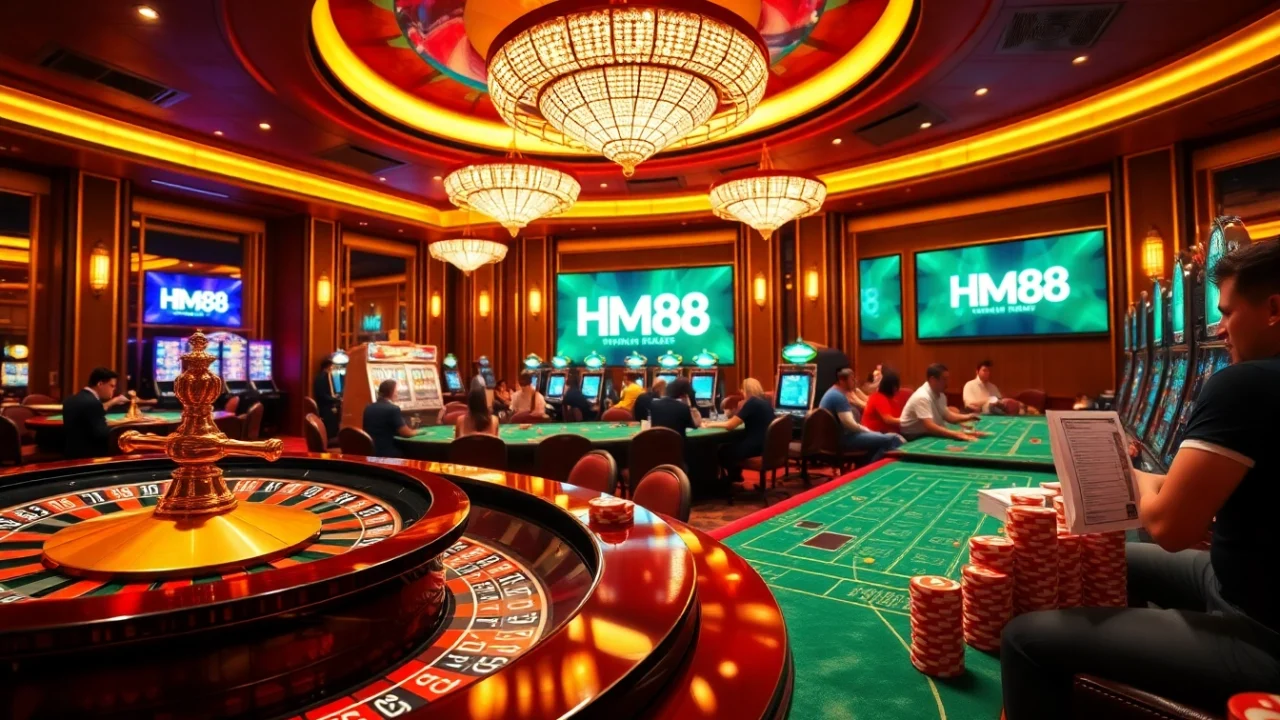 HM88 casino scene showcasing roulette and poker excitement in a luxurious setting.
