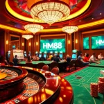 HM88 casino scene showcasing roulette and poker excitement in a luxurious setting.