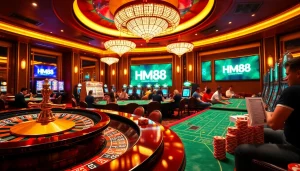 HM88 casino scene showcasing roulette and poker excitement in a luxurious setting.