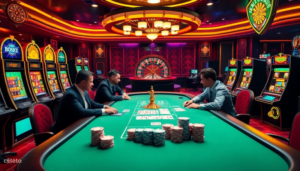 A high-stakes poker game at https://c168.voto/ featuring vibrant slot machines and a roulette wheel, emphasizing casino excitement.