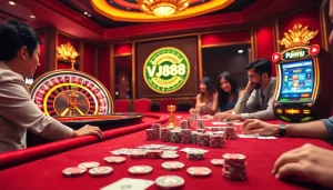 Experience the thrill of VJ88 in a luxurious casino with energetic players and exciting game elements.