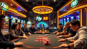 Fly 88 themed casino scene with high-stakes poker and vibrant slot machines.