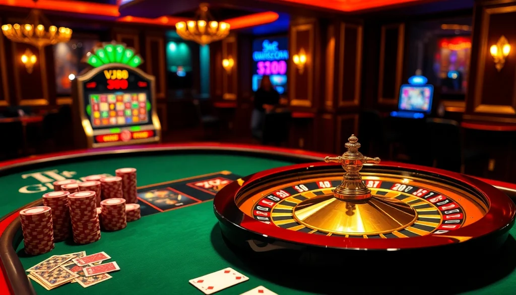 VJ88 roulette table set in a luxurious casino with poker chips, cards, and a glowing slot machine.