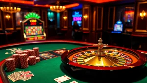 VJ88 roulette table set in a luxurious casino with poker chips, cards, and a glowing slot machine.