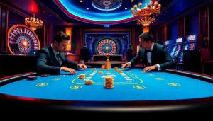 High-stakes poker action at a luxurious casino linked to https://88i8i.net/ illustrating winning strategies.