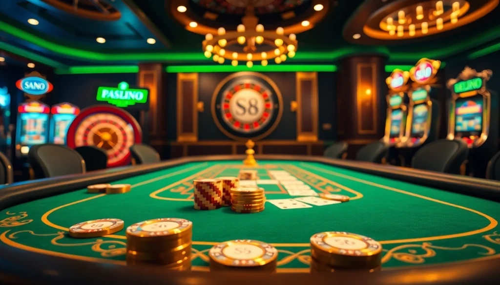 Experience thrilling poker gameplay at S8-themed casino tables with colorful chips and cards.