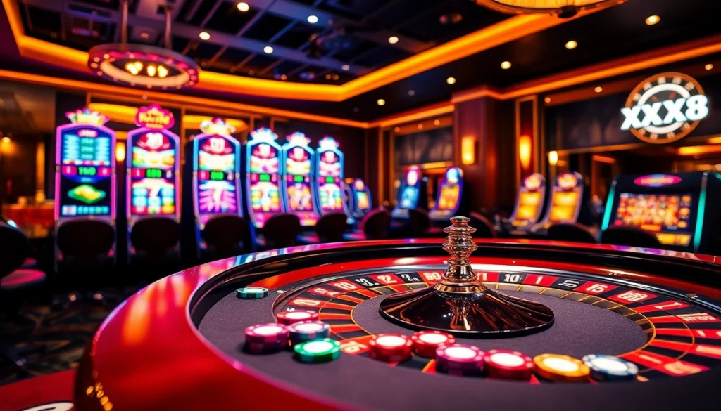 Casino table with roulette wheel and poker chips showcasing the excitement of nhà cái XX88.