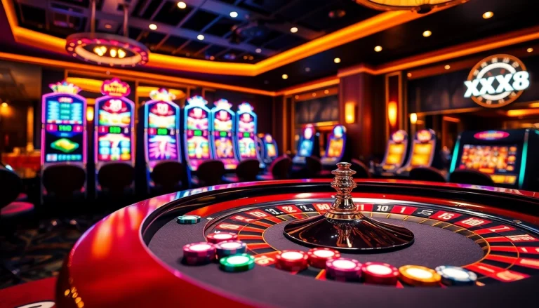 Casino table with roulette wheel and poker chips showcasing the excitement of nhà cái XX88.