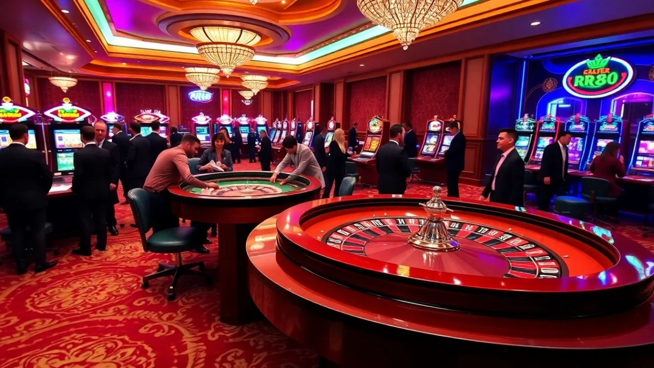 Players engaging at an RR88 casino table filled with excitement and vibrant poker chips.