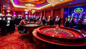 Players engaging at an RR88 casino table filled with excitement and vibrant poker chips.