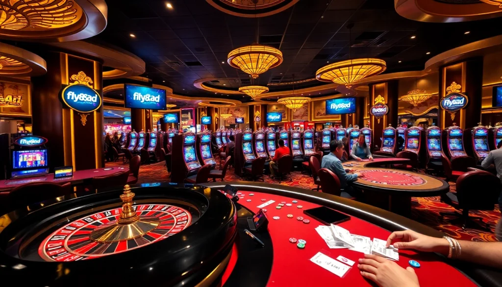 Experience the thrill of gaming at fly88.ad, filled with roulette, slots, and excited players.