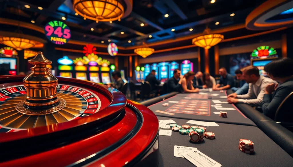 Players enjoy a thrilling moment at a casino with fa bet gaming elements including roulette and poker.