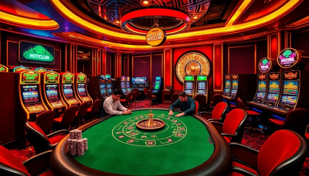 Experienced gamblers enjoying a game at HITCLUB casino with vibrant slot machines and poker tables.